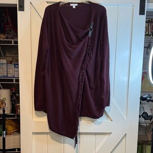 New York & Company Burgundy Draped Fringe Open Cardigan